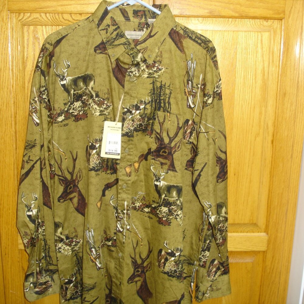 NWT Rugged Earth Outfitters Long Sleeve Button Down Shirt Cotton Deer Hunt XL